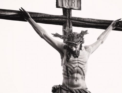 grayscale photo of the crucifix